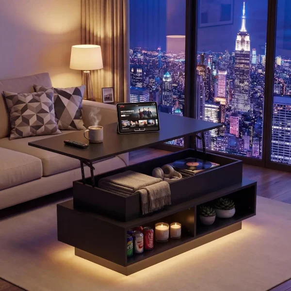 40" Lift Top Coffee Table with Storage Compartments, LED Lights