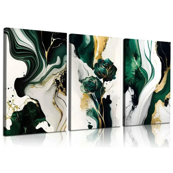 Framed Emerald Green and Gold Abstract Wall Art, Marble Canvas Paintings Prints