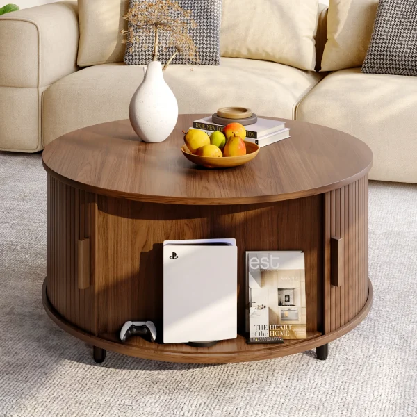 Round Coffee Table with Storage, 31.5" Modern Design with 360° Curved Fluted Wood Sliding Door