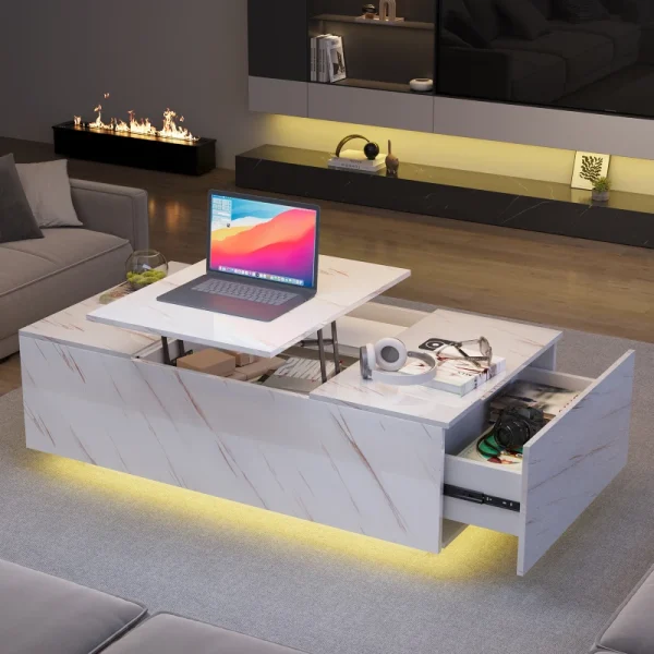 Lift Top Coffee Table with Storage, Color LED Lights, Wireless Charging and Bluetooth Speaker