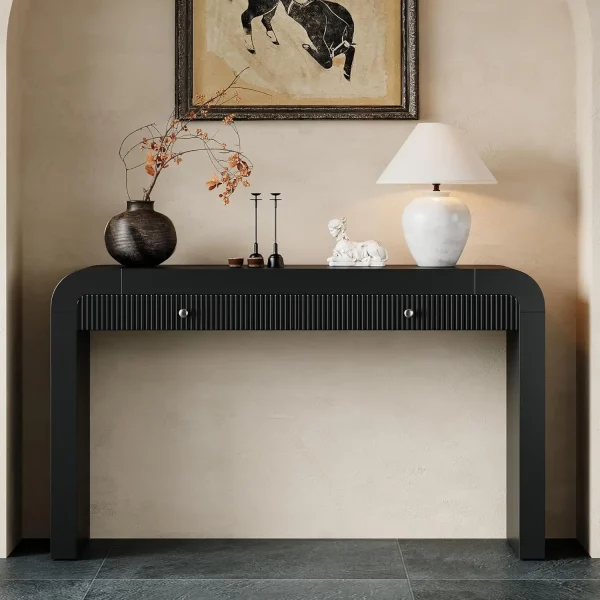 Rustic Console Entryway Table with Fluted Drawers, Curved Corners; Thick Legs