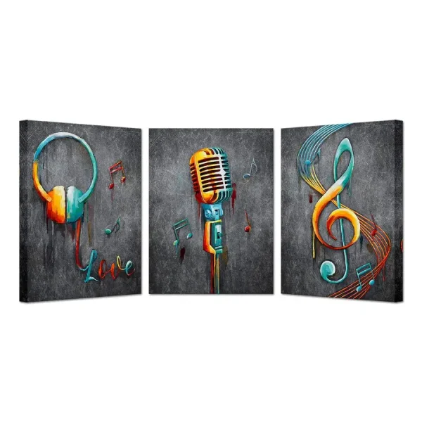 Music Artistic Paintings, Prints Wall Art, 3 Pieces Showing Microphone, Headphone and Treble Clef