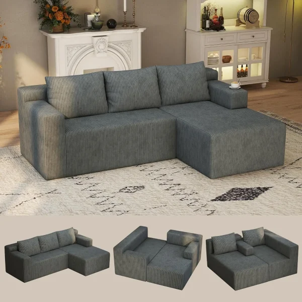 Boneless Couch with L Shaped Chaise, Sectional Cloud Sofa, with Corduroy and Memory Foam