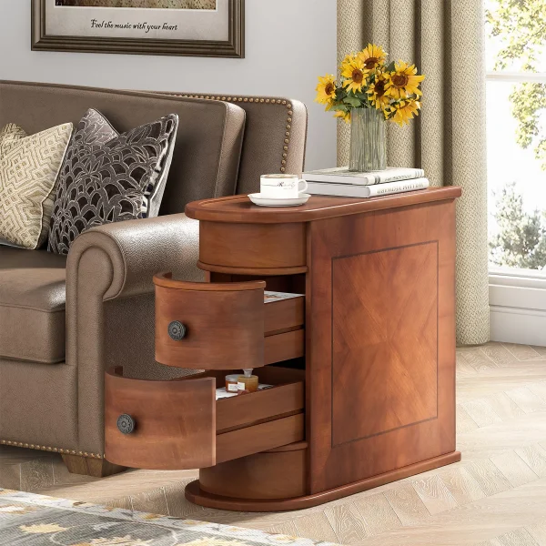 Tribesigns Round Front Solid Wood End Table or Nightstand with Drawers