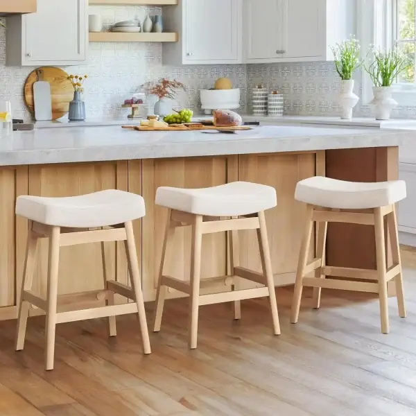 Bar Stools Set of 3 with Sturdy Wood Legs, Saddle Seat, Counter Height