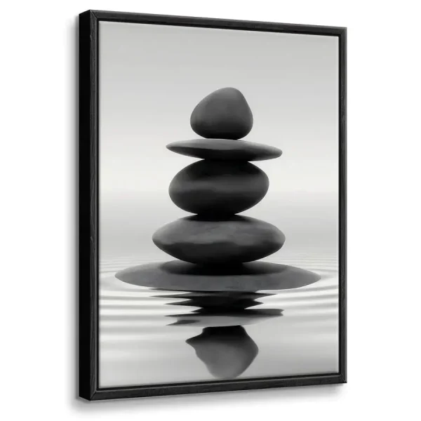 Framed Black and White, Wall Art Zen Stones in the Water