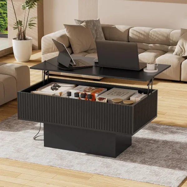 38.2" Lift Top Coffee Table with Storage and LED Lights, Modern Design Fluted Solid Wood